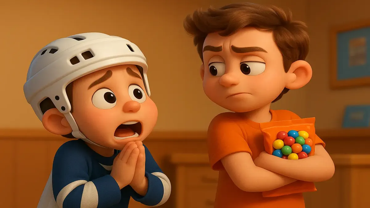 Cartoon 3D image of kids in a shop, one buying peanut butter M&M's, capturing youthful excitement.