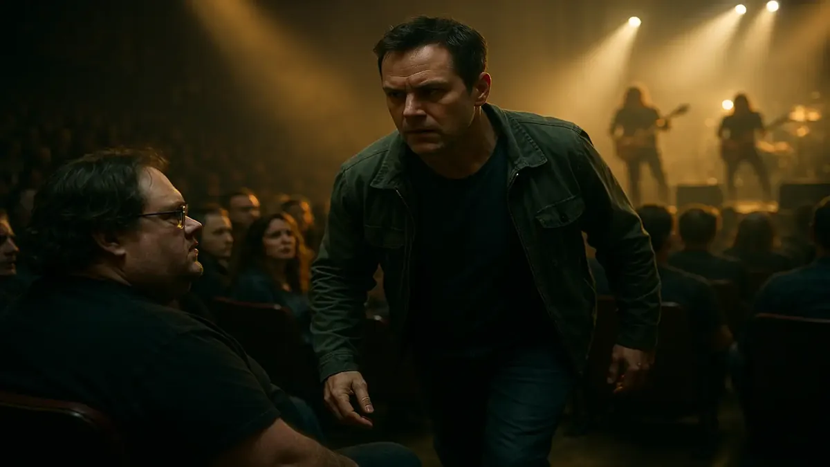 Concert scene depicting a crowd with an aisle hogger blocking passage, capturing the frustration of concertgoers.