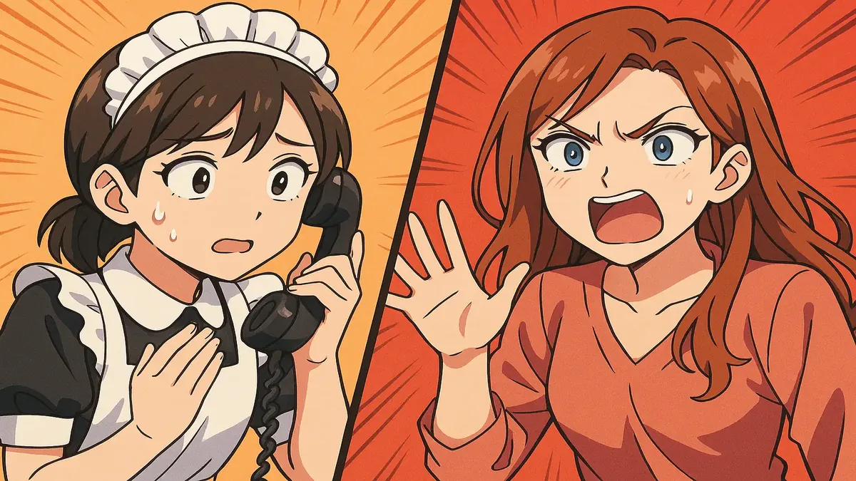 Anime illustration of a frustrated guest receiving a phone call about checkout time at a hotel.