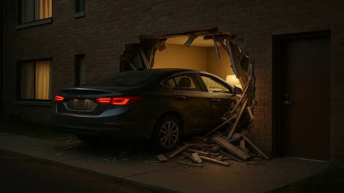 Frustrated night auditor answering a call from guests at a hotel during a late-night shift.