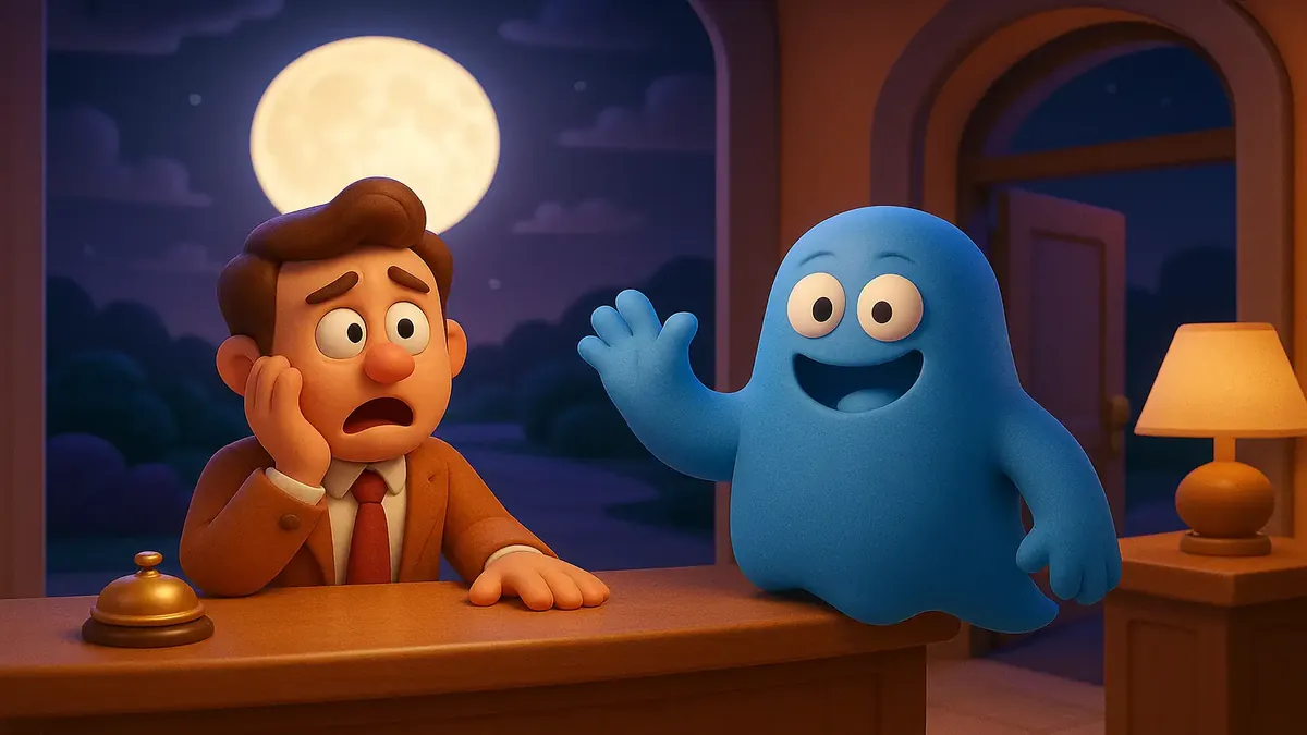 Cartoon-3D illustration of a quirky guest persistently returning to a hotel despite full bookings.