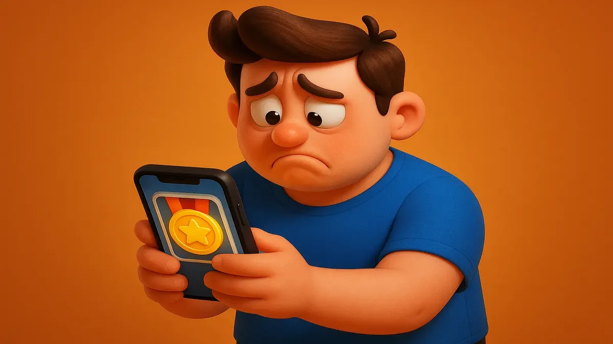 Cartoon-3D illustration of a fitness app with badges representing workout streaks and achievements.