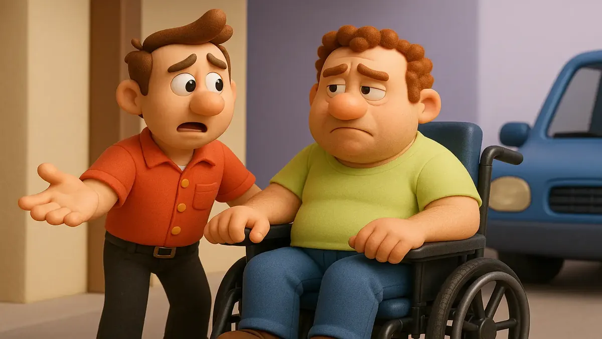 Cartoon-style image of a disabled guest in an electric wheelchair being helped at a hotel entrance.