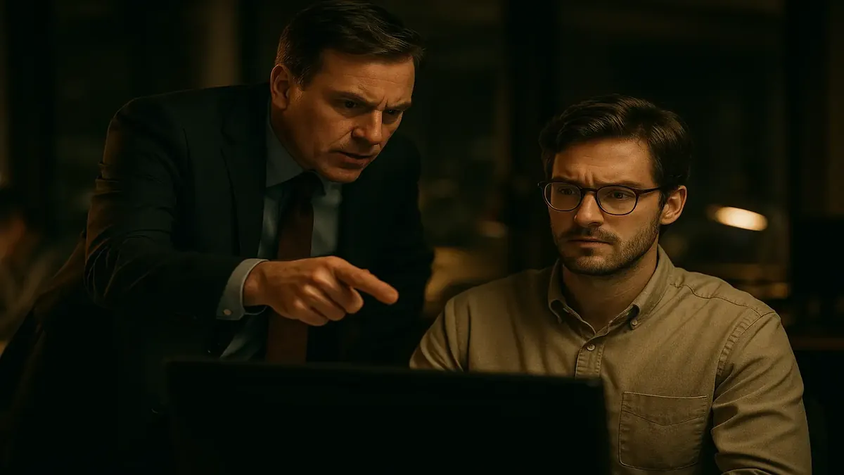 Frustrated employee dealing with a meddlesome coworker in a cinematic office setting.