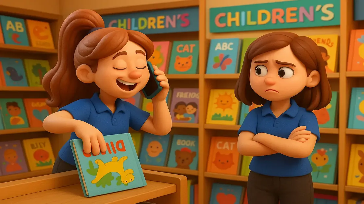 Cartoon illustration of a lazy co-worker misplacing children's books in a bookshop, highlighting workplace dynamics.