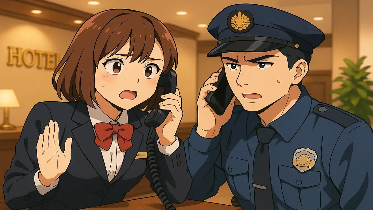 Anime illustration depicting a hotel scene with a tense atmosphere, reflecting a serious moment of crisis.