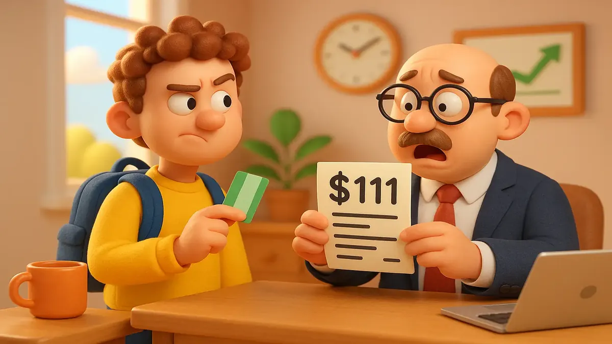 Cartoon-3D illustration of a frustrated commuter with train tickets and expenses piling up.