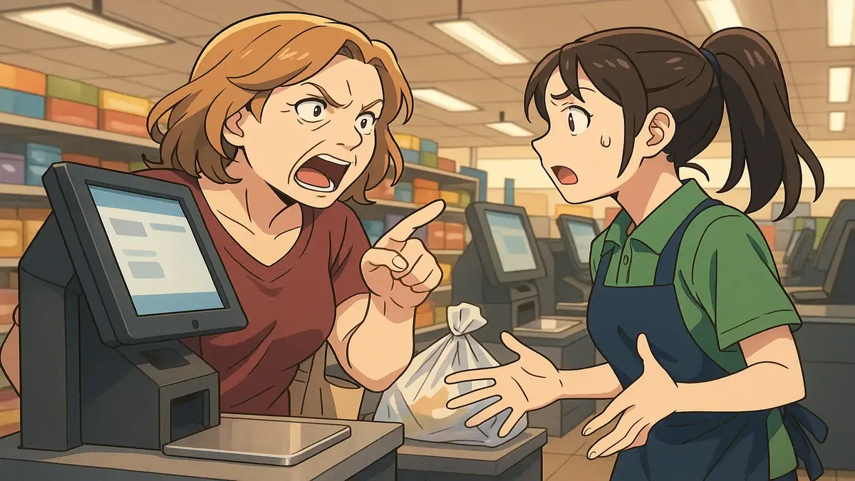 Anime illustration of a frustrated customer arguing at a grocery store self checkout machine with scale.