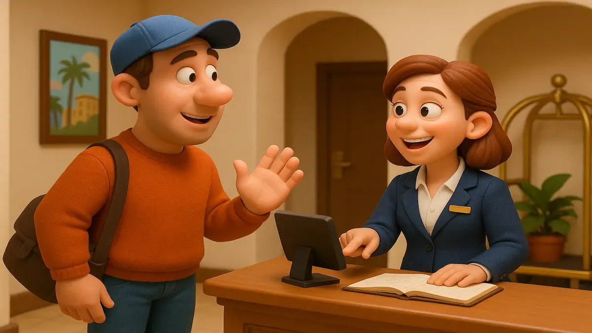 Cartoon-3D illustration of a confused man at a hotel reception desk, highlighting a humorous check-in mix-up.