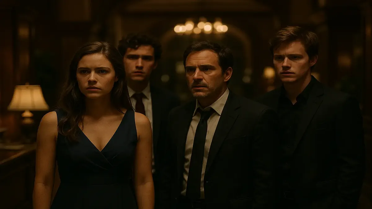 Front desk at a boutique hotel bustling with wedding guests near a university, capturing a vibrant atmosphere.