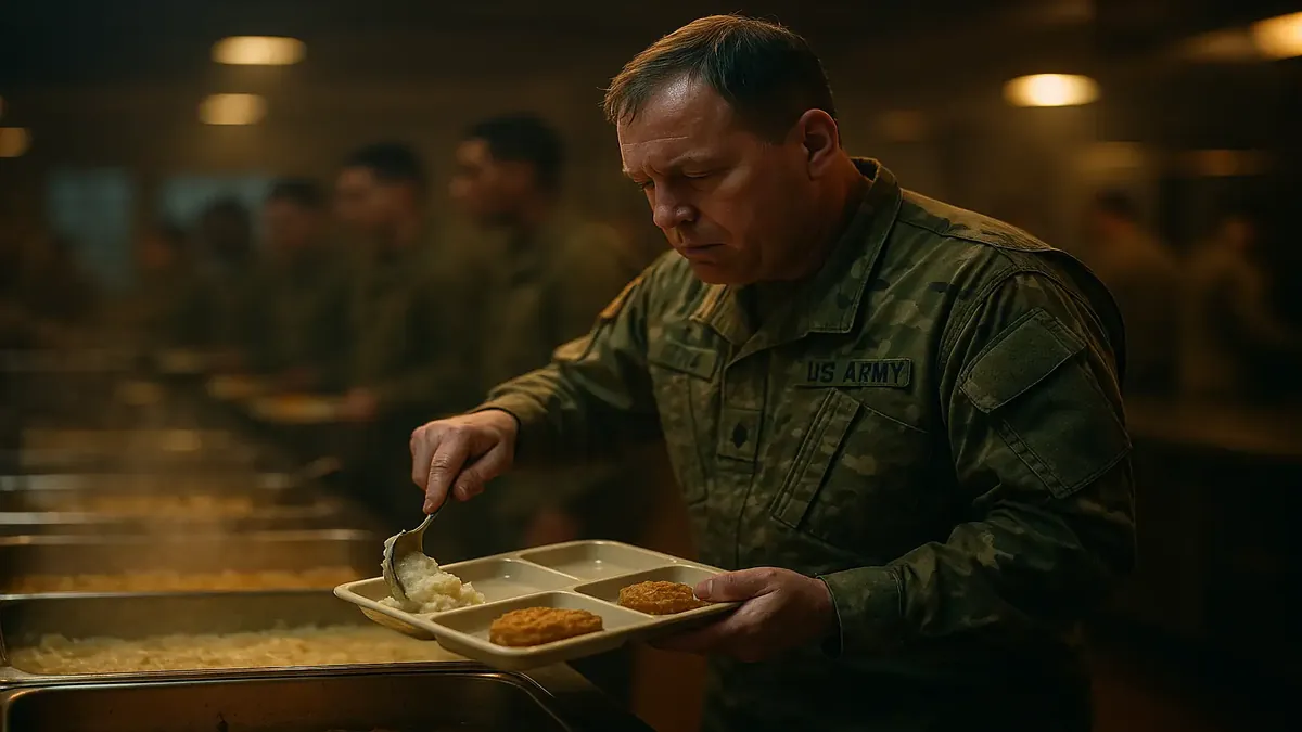 Soldiers enjoying warm meals at a busy DFAC during December at Bragg, highlighting Kevin's secret.