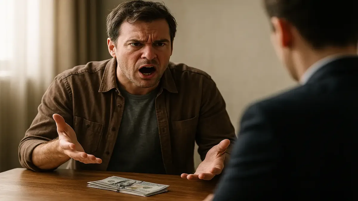 A frustrated guest expressing dissatisfaction at a hotel, highlighting service issues beyond financial concerns.