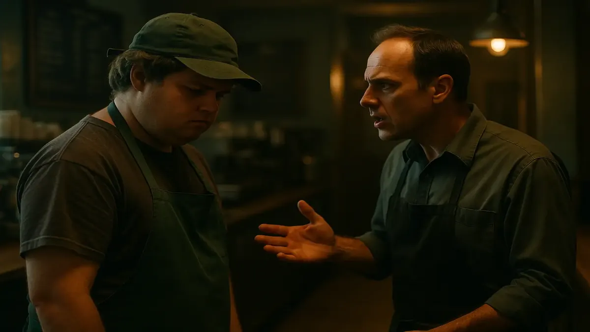 Cinematic image of a coffee shop scene depicting Kevin's humorous bathroom break mishaps.