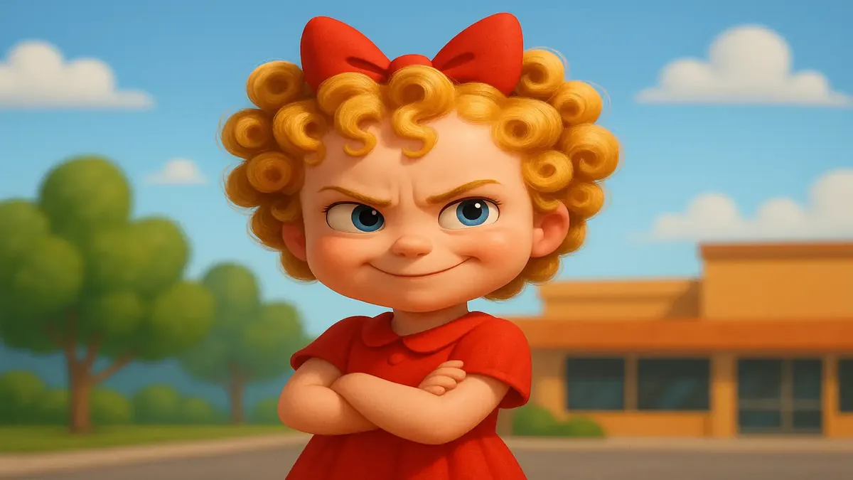 Cartoonish 3D illustration of Shirley Twmple plotting her revenge in a Scottsdale deli setting.