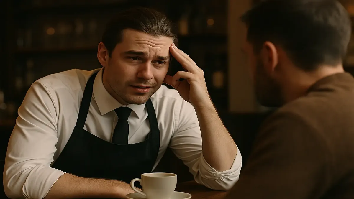 A hospitality worker smiling while dropping formal language, showcasing authenticity in customer interactions.