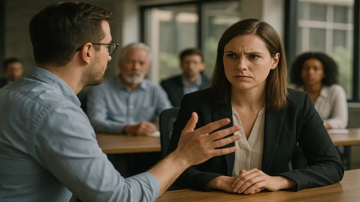 Line manager discussing workload with employee in a professional office setting, conveying work-life balance concerns.