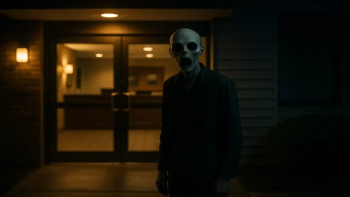 Nighttime hotel lobby with eerie shadows, highlighting strange happenings during late shifts.