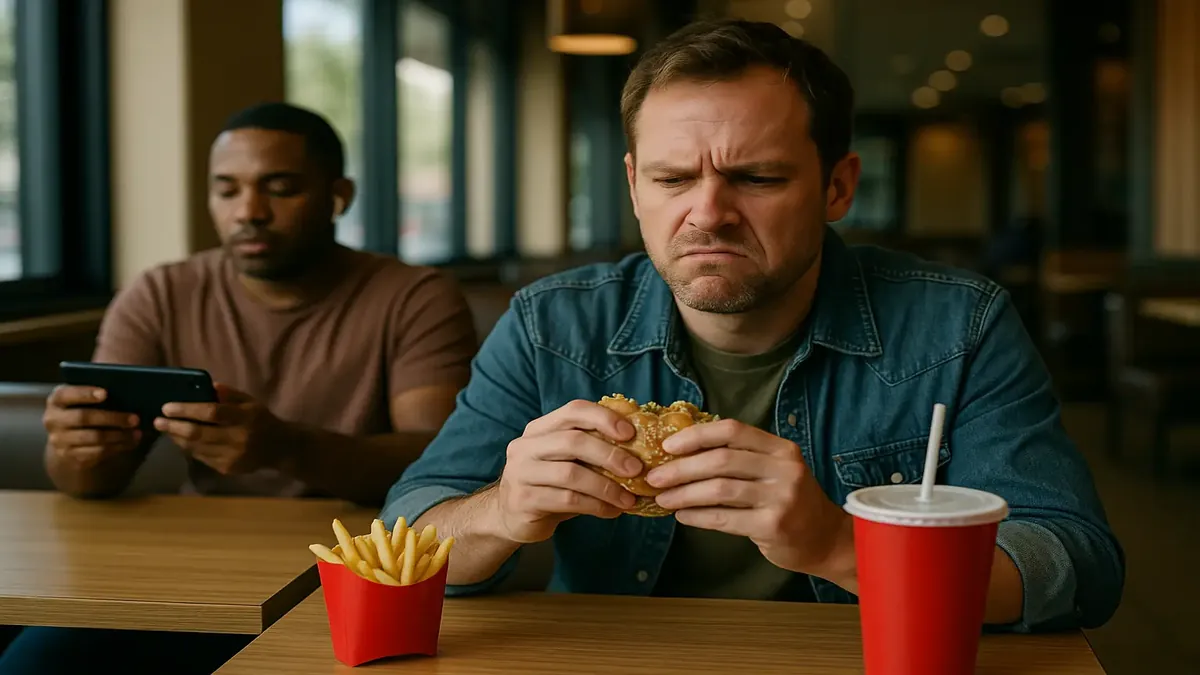 Frustrated person at McDonald's trying to enjoy a meal while someone plays a video loudly on their phone.