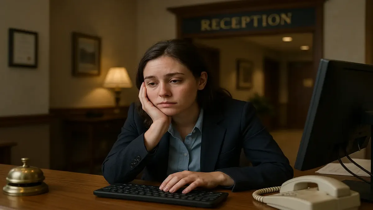 A woman returning to her hotel desk, ready for a long shift at the Worst Eastern hotel.