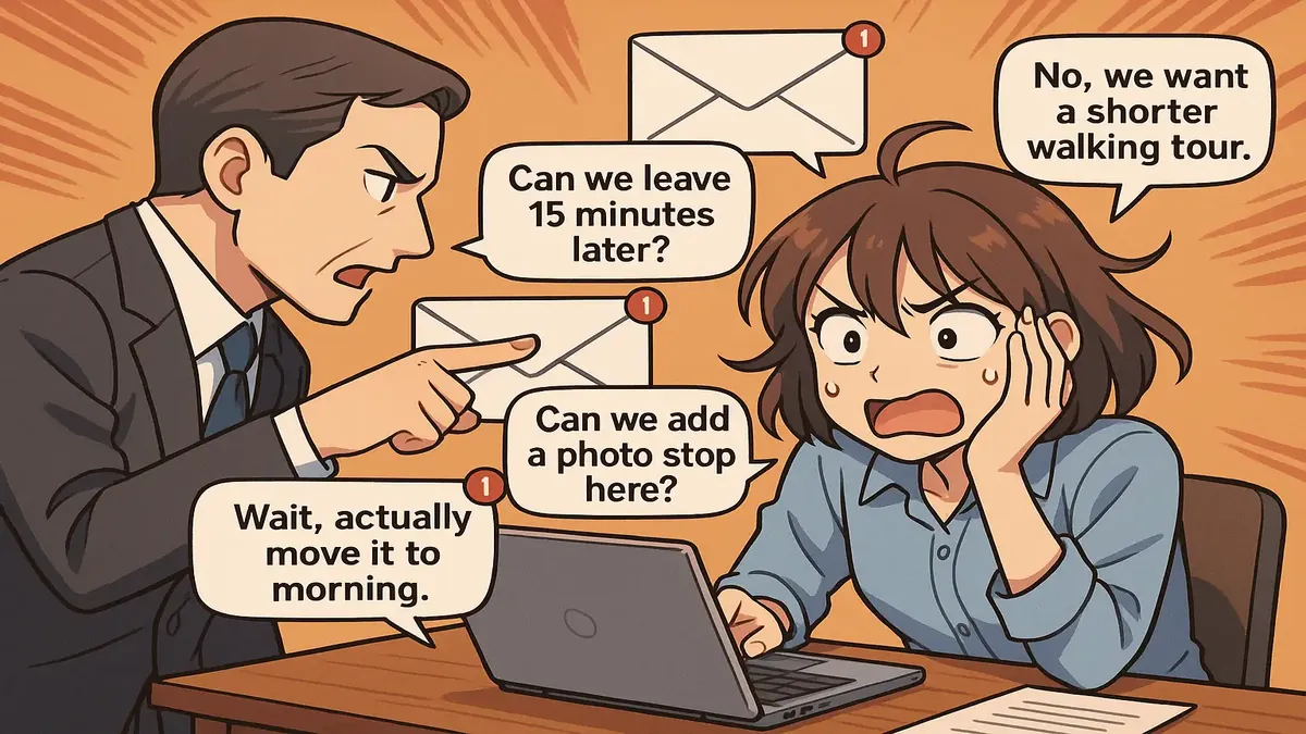 Anime illustration of a stressed tour guide managing client demands during a chaotic tour planning session.