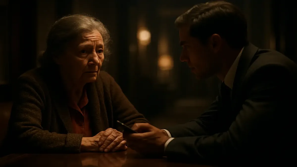 A concerned hotel staff member helps an elderly lady who appears distressed, showcasing vulnerability and compassion.