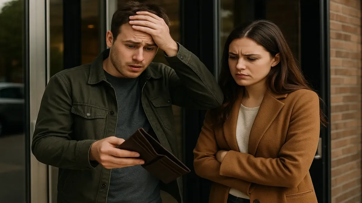 Couple at a hotel reception, looking frustrated after forgetting their wallet during a trip.