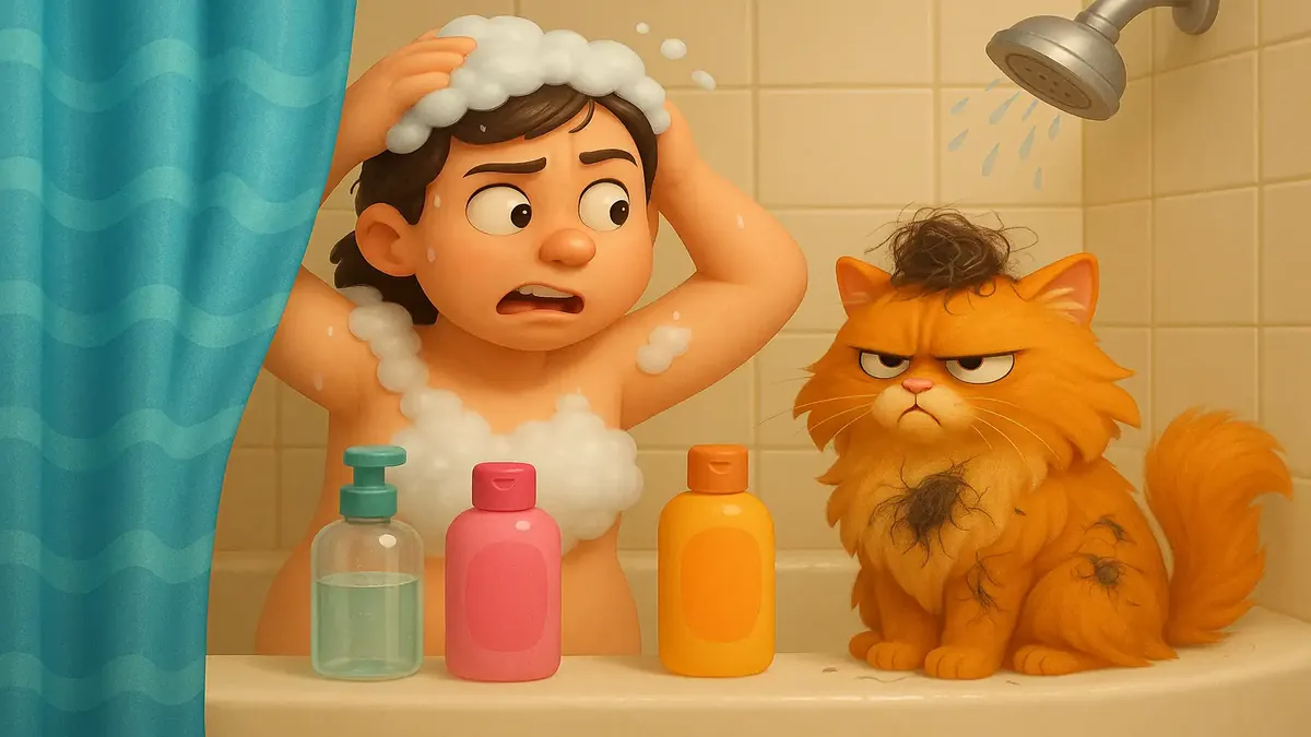 Cartoon 3D image of a colorful shower scene with shampoo, conditioner, and a playful cat amidst hair loss.