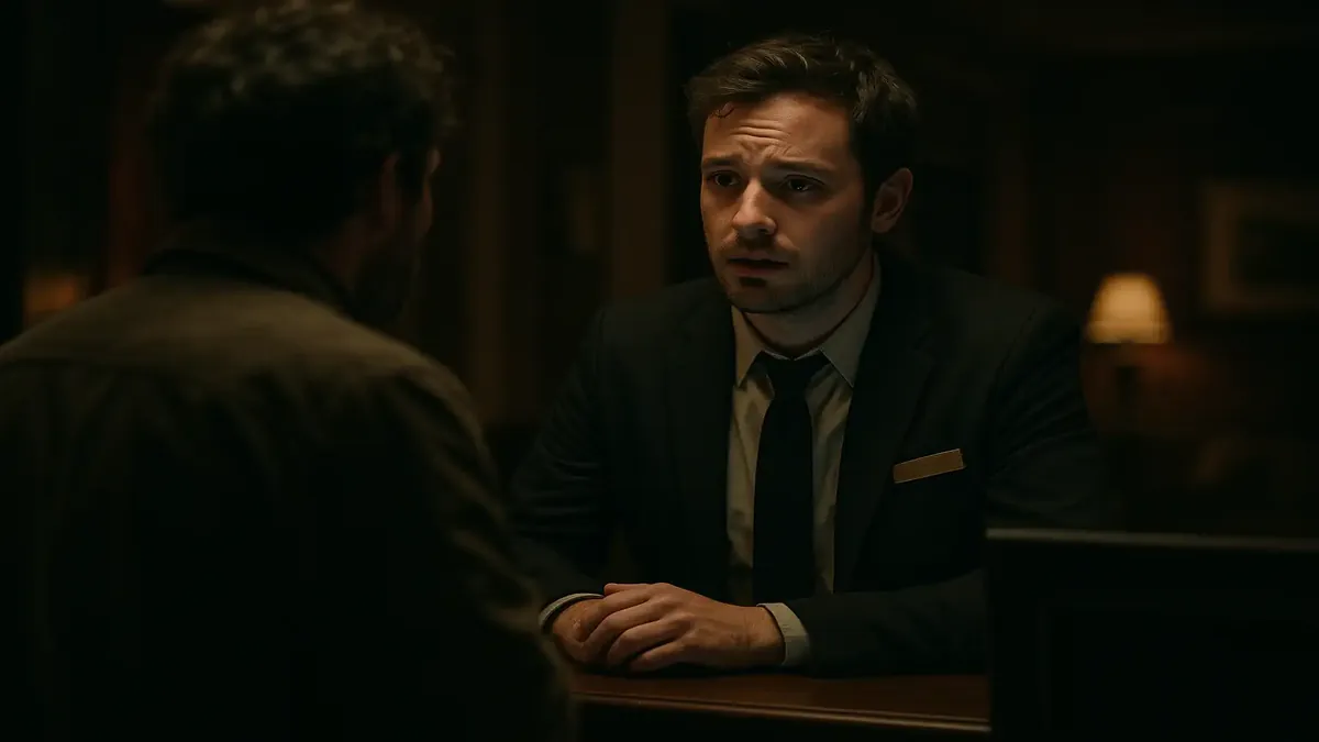 Hotel receptionist looks overwhelmed as guests seek rooms during a busy night, capturing the chaos of sold-out situations.