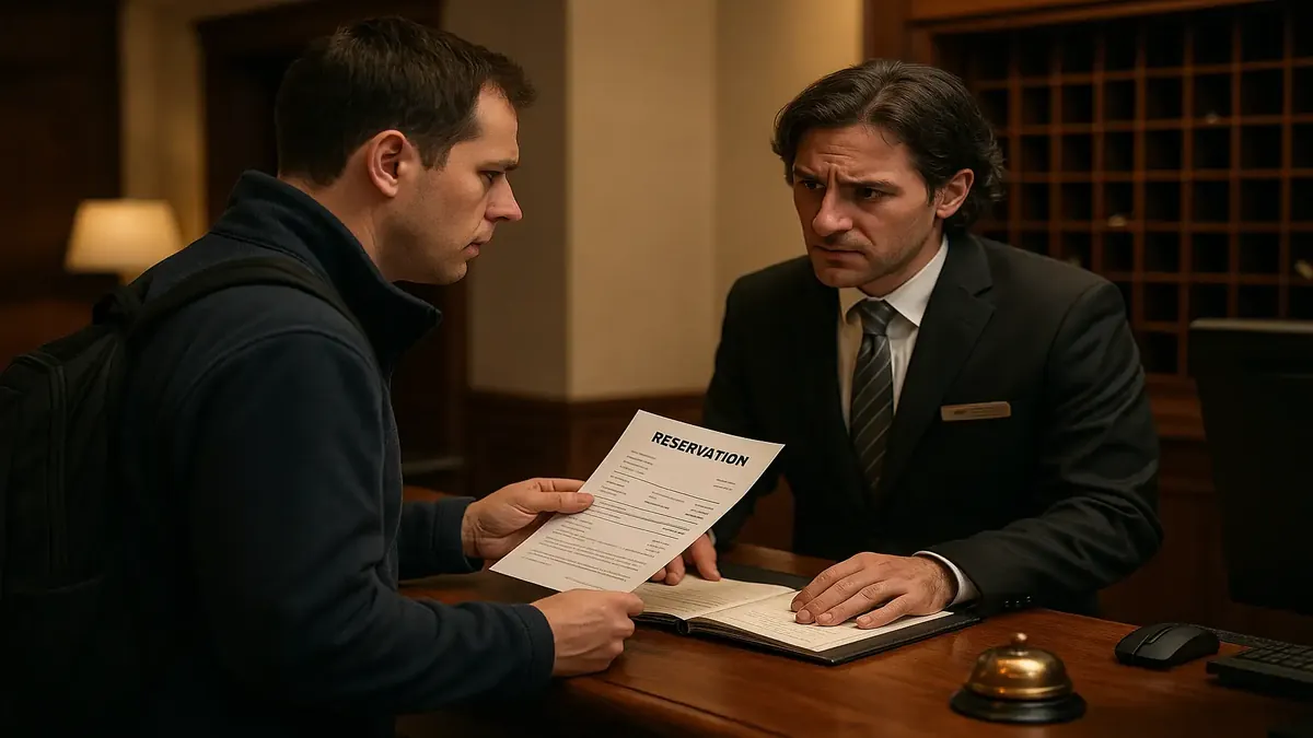 Disappointed hotel guest facing issues with third-party booking agent at the front desk.