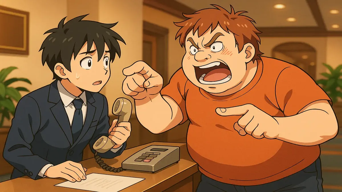 Anime-style illustration of a frustrated night auditor dealing with a troublesome guest at a hotel lobby.
