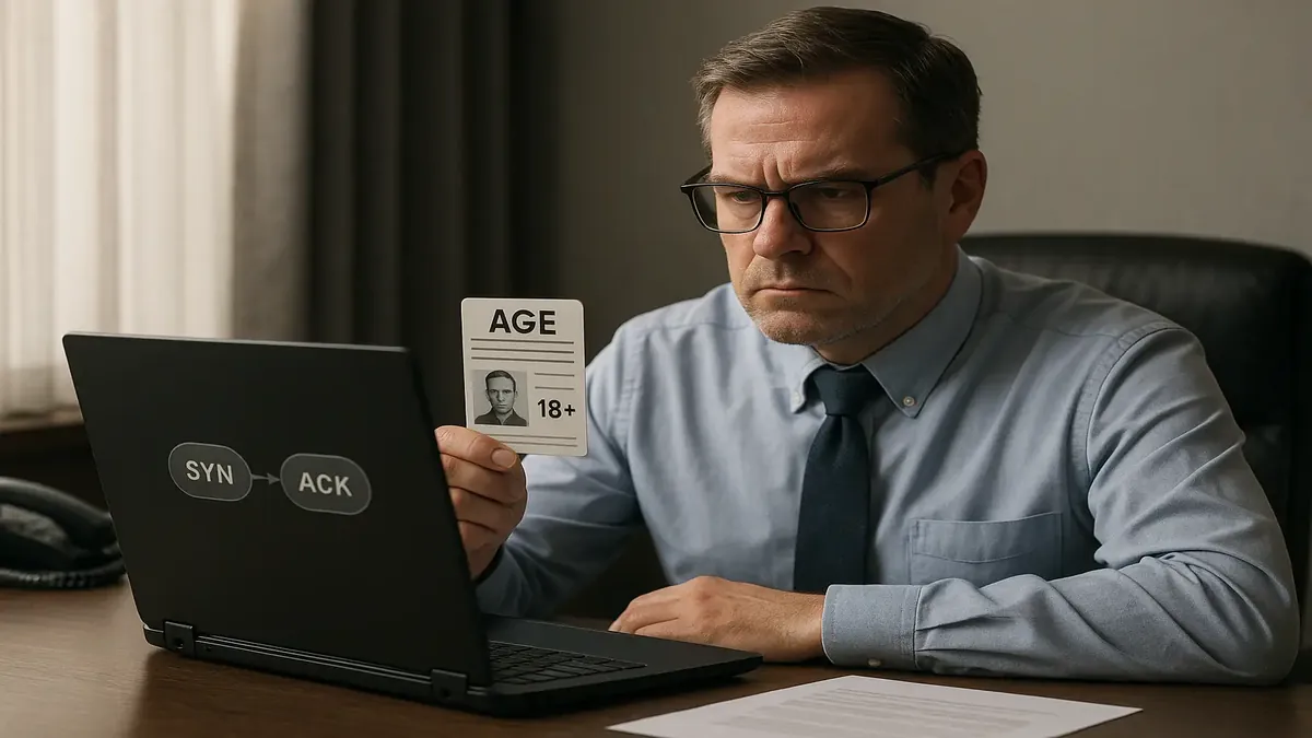 A photorealistic image of a network diagram illustrating age verification in TCP negotiation processes.