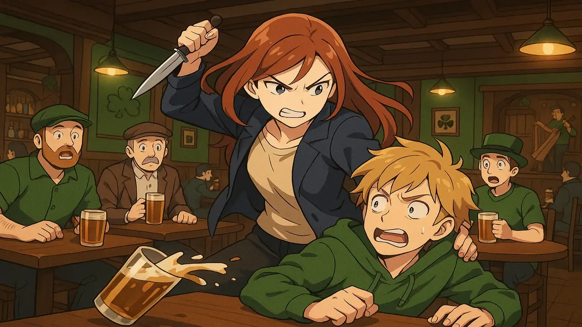Anime-style illustration of friends enjoying music in an Irish pub after St. Patrick's Day celebration.