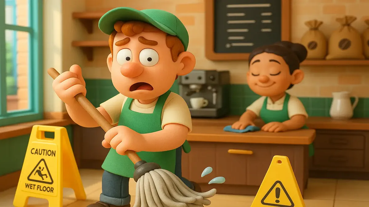 Cartoon-style illustration of a chaotic coffee shop scene featuring Kevin struggling with cleaning tasks.