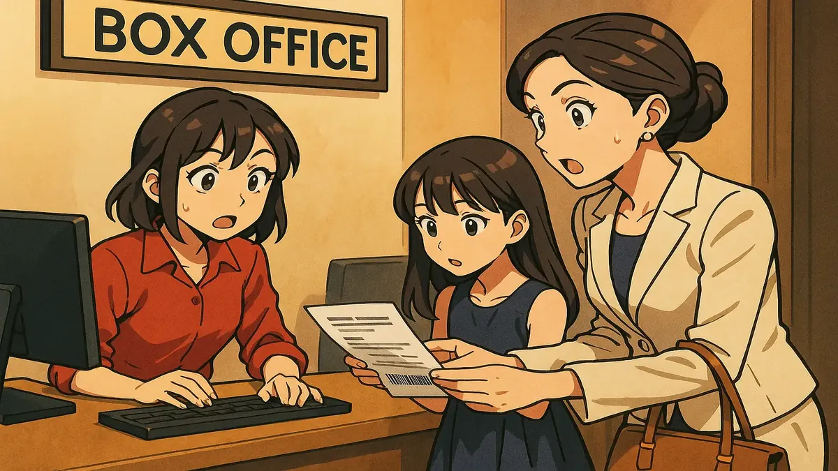 Anime-style illustration of a busy theatre box office with a mother and daughter presenting tickets.