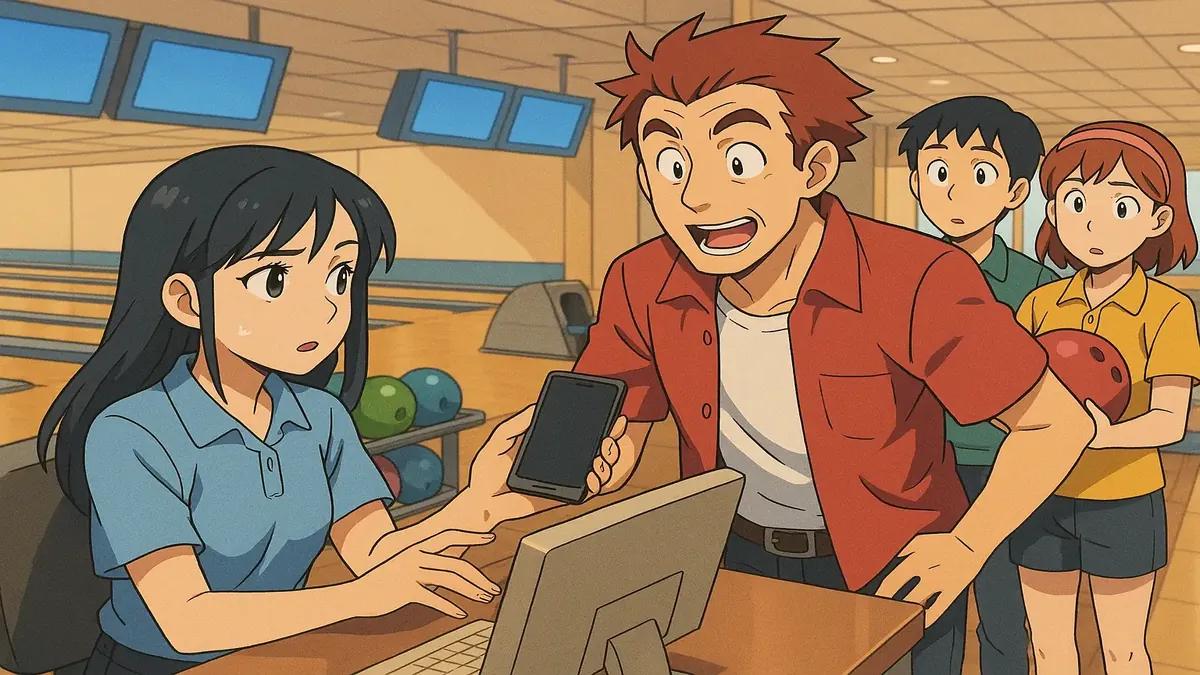 Anime-style illustration of a bowling club front desk with a confused man lacking ID in NSW, Australia.