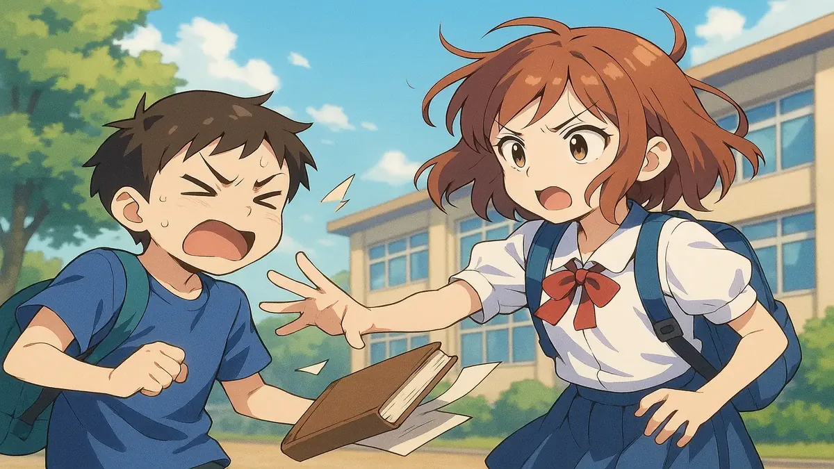Anime-style illustration depicting a school scene reflecting childhood memories and petty revenge experiences.