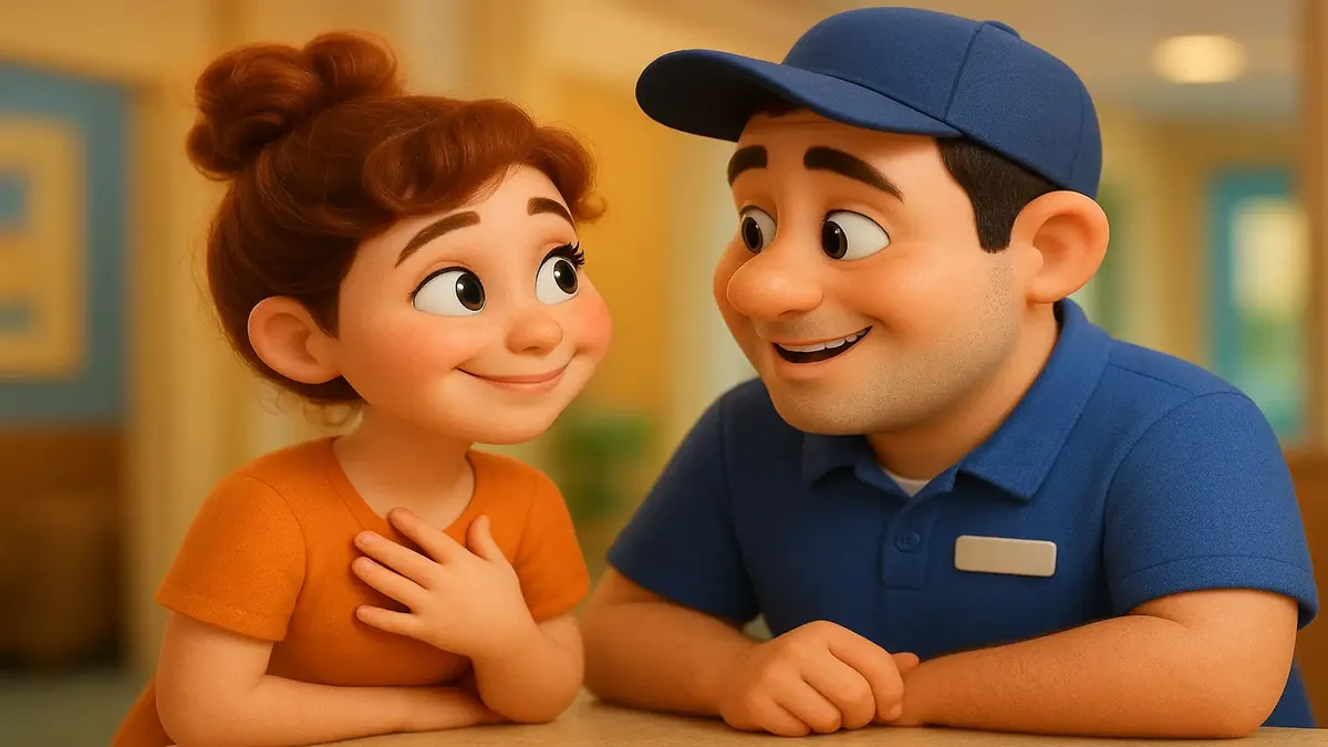 Cartoon-3D illustration of a long-term hotel stay, depicting friendship and personal connections among staff.