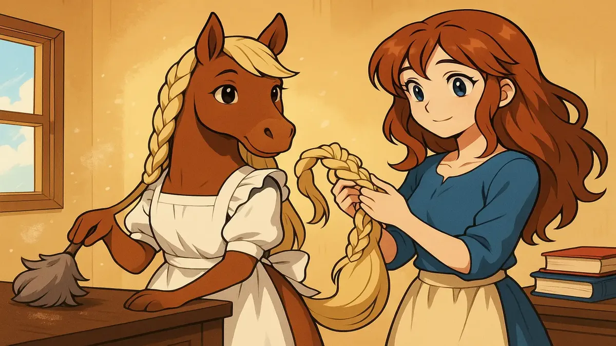 Anime illustration of a cozy scene with Buttercup in a housekeeping apron, ready for nuzzles and mane-braiding.