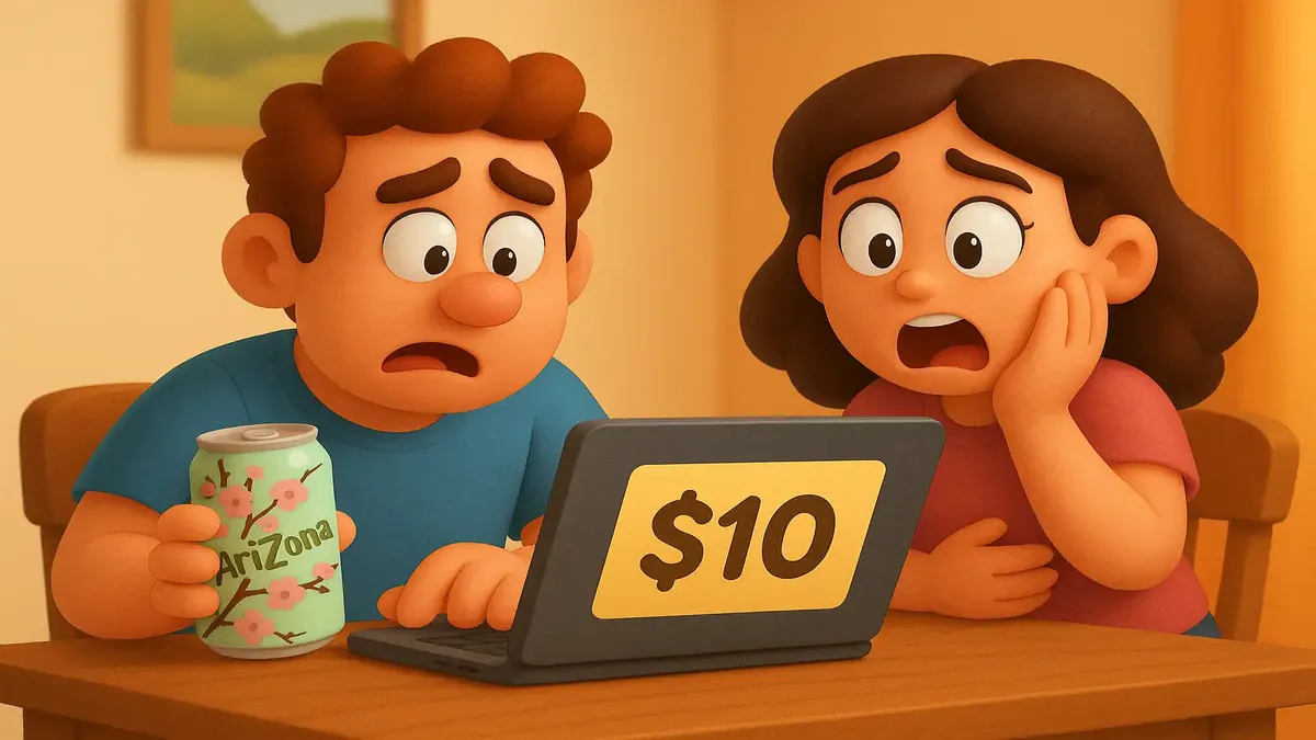 Cartoon-style 3D illustration of AriZona tea flavors and a coworker sharing a 12-pack order online.