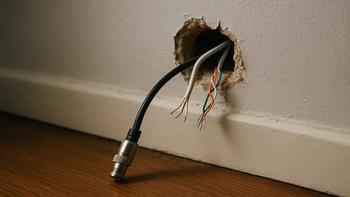 Técnico de internet da Vivo removendo cabos da parede, com fios soltos visíveis e um ambiente residencial ao fundo.