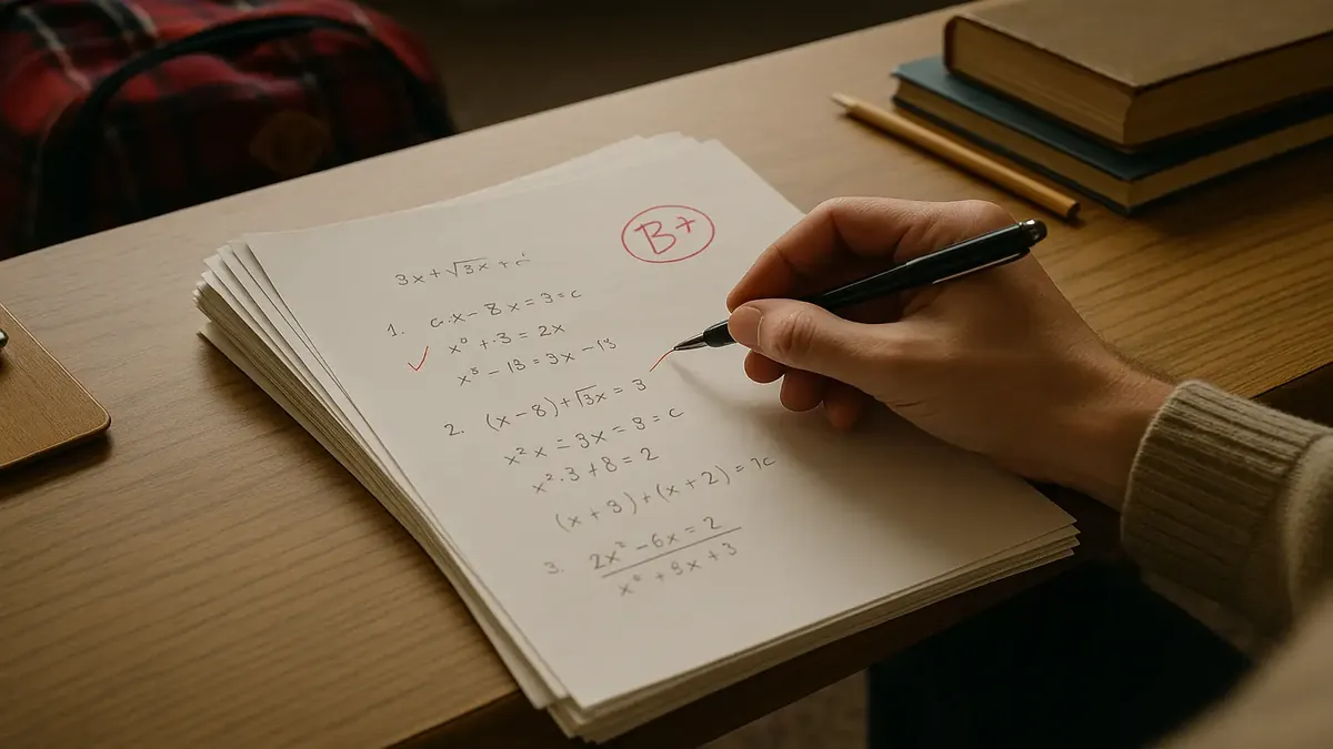 Teacher grading algebra homework with a stack of papers in an affluent Arizona classroom.