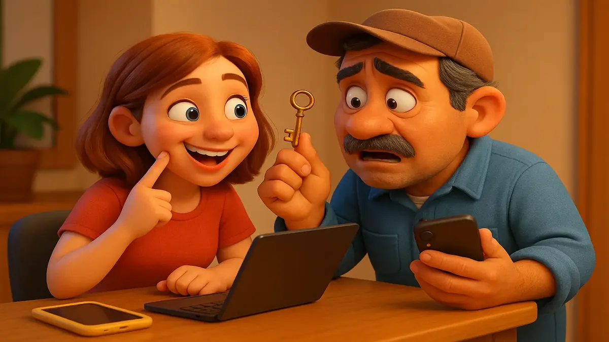 Cartoon-3D illustration of a handyman and desk clerk communicating with gestures and a translation app.