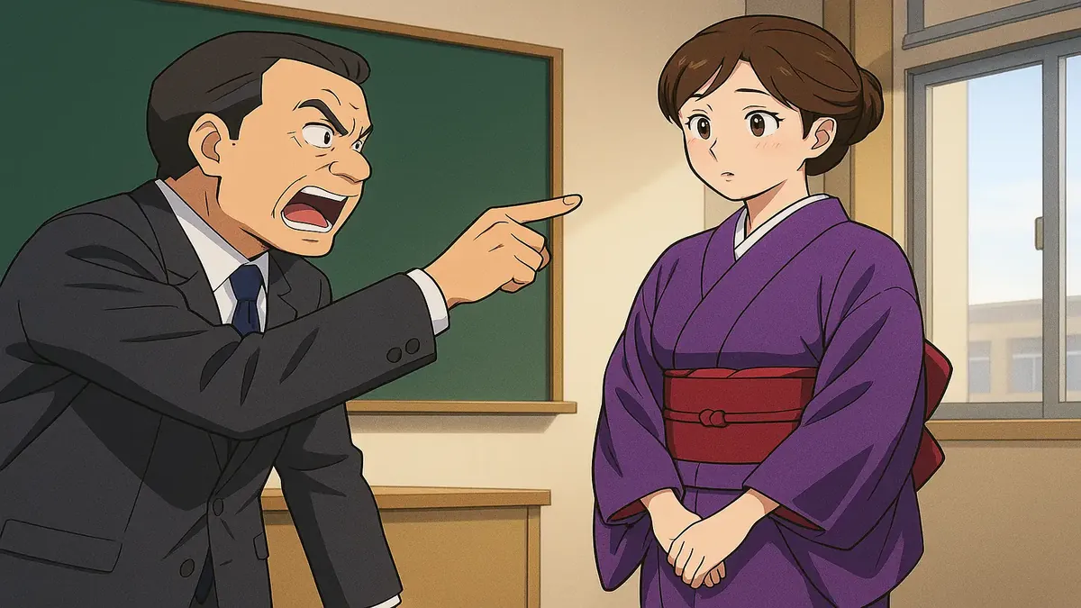Teacher in traditional attire after being reprimanded, anime style illustration capturing relatable school moments.