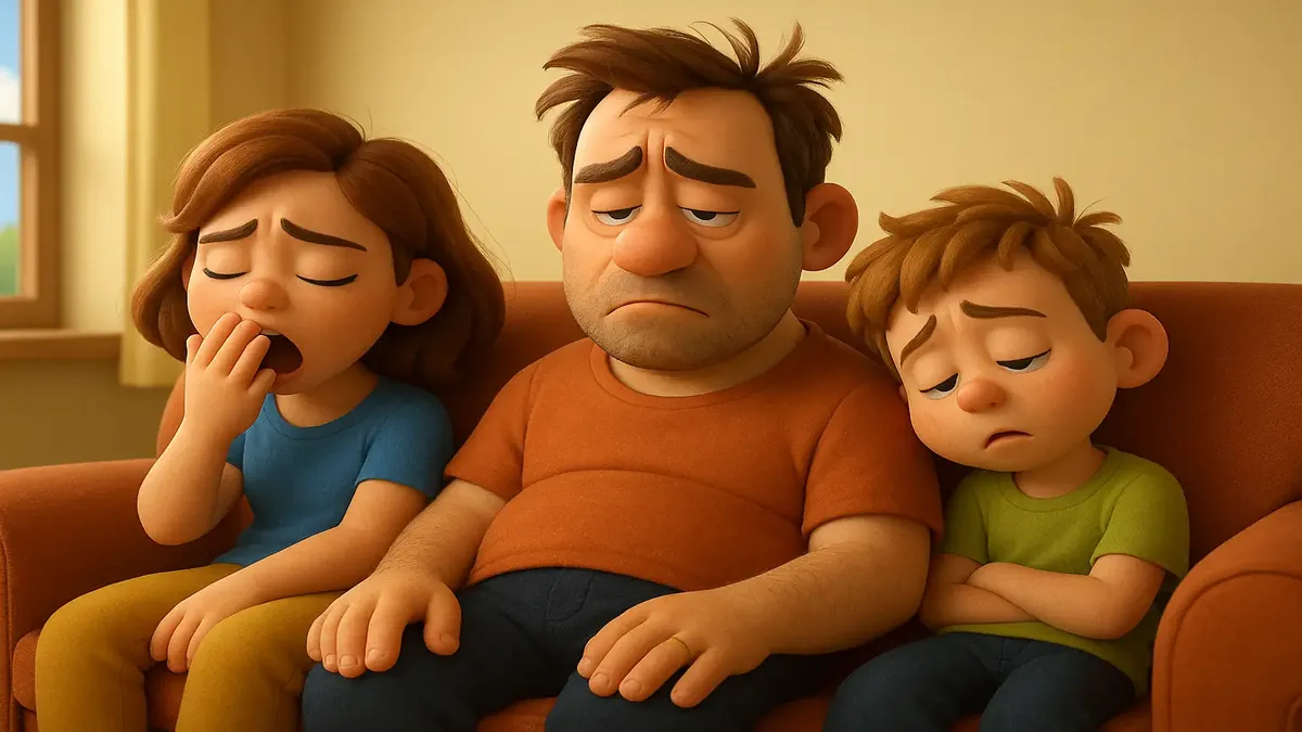 Cartoon 3D illustration of a chaotic home scene after a long week, highlighting the struggle of returning to work.