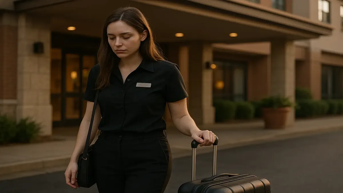 A hotel night auditor working late, reflecting on moving on to new opportunities in a serene setting.