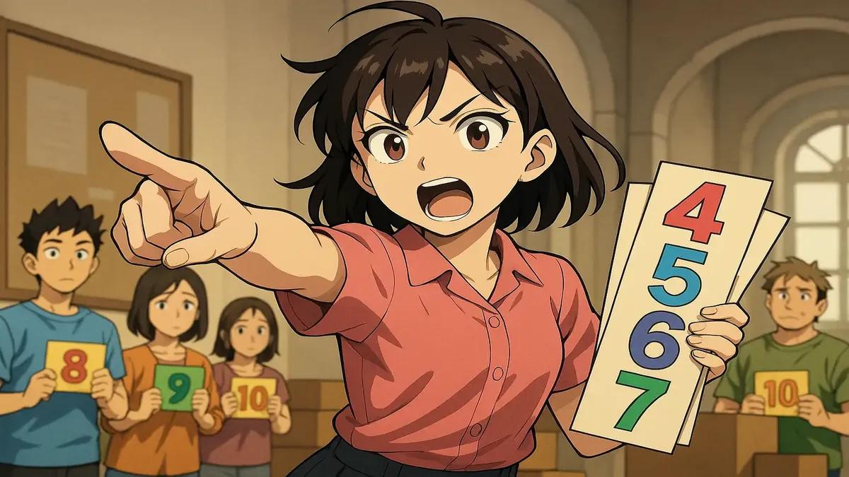 Anime-style illustration of a thankful teacher receiving a food box at church, symbolizing community support.