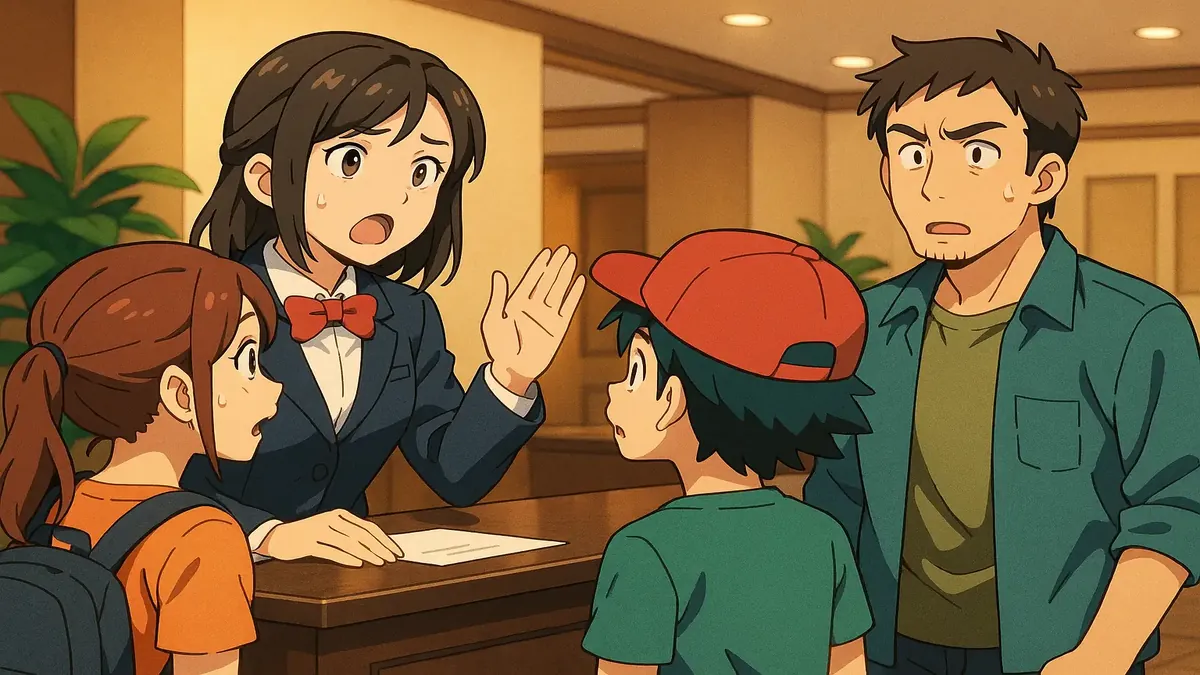 Anime illustration of a hotel front desk with a family asking about a fake Pokemon Convention.
