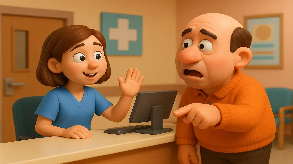 Cartoon 3D illustration of a confused man in a hospital reception area, highlighting a unique encounter.