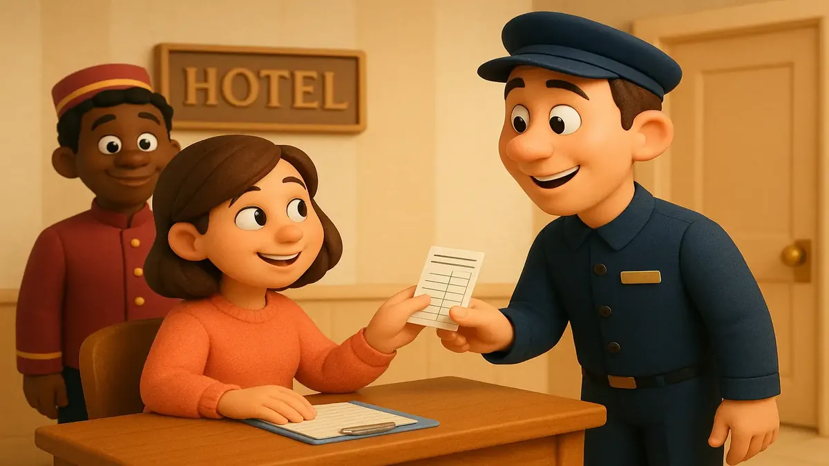 Cartoon-3D illustration of a luxury hotel with employees preparing for the grand opening, showcasing teamwork and excitement.