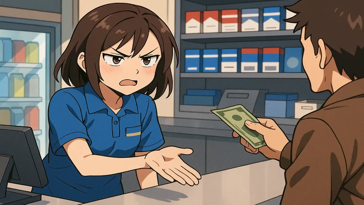 Anime illustration of a gas station clerk dealing with rude customers during the night shift.
